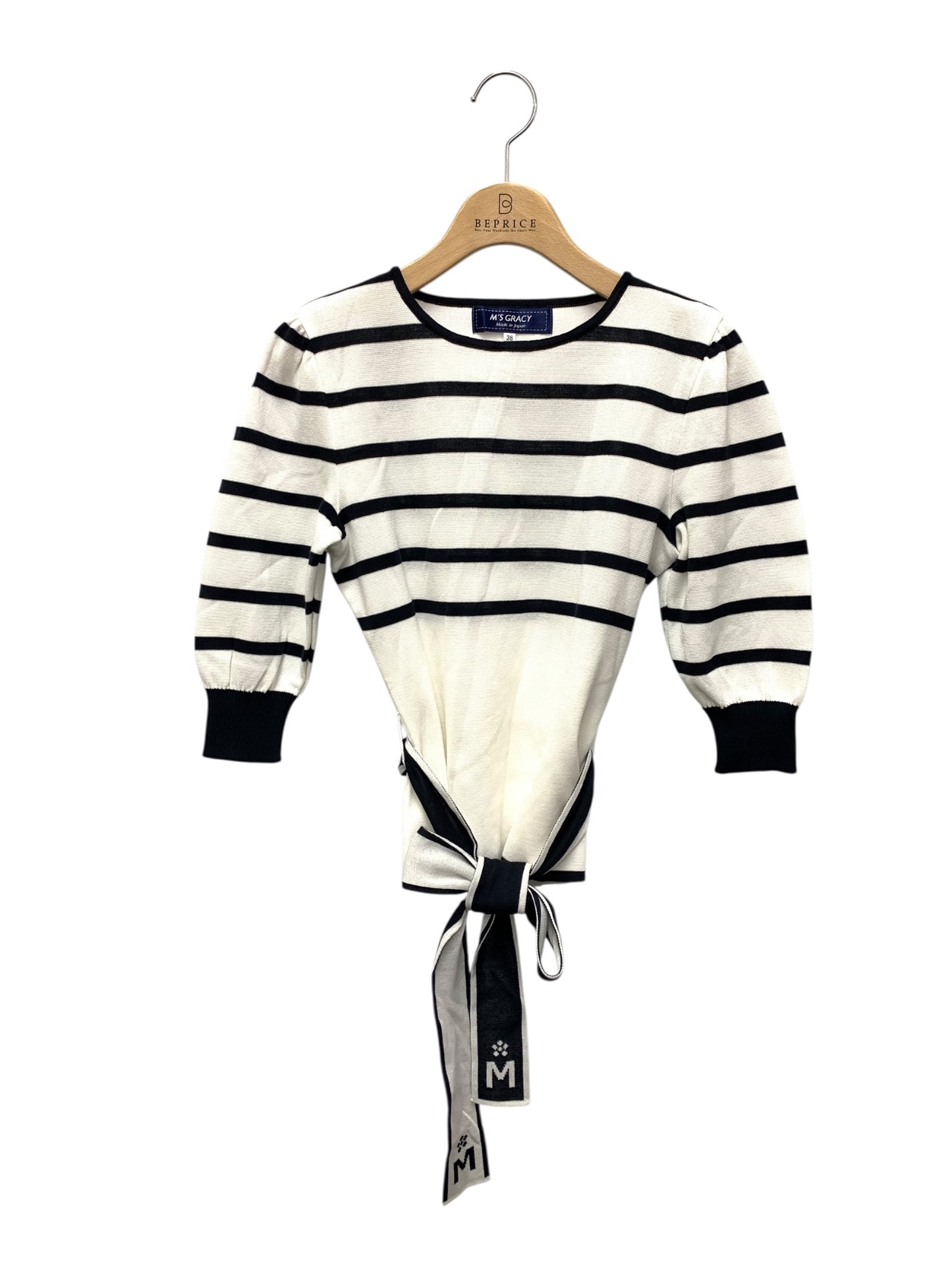 エムズグレイシー ロゴベルト付きボーダー 518322 カットソー 38 ホワイト ニット ITI5FPI9DR9H