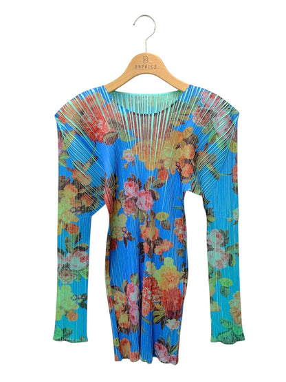 PLEATS PLEASE プリーツプリーズイッセイミヤケ チュニック トップス PP44-JK602 花柄 長袖 ブルー 3 IT41E2HU07G0