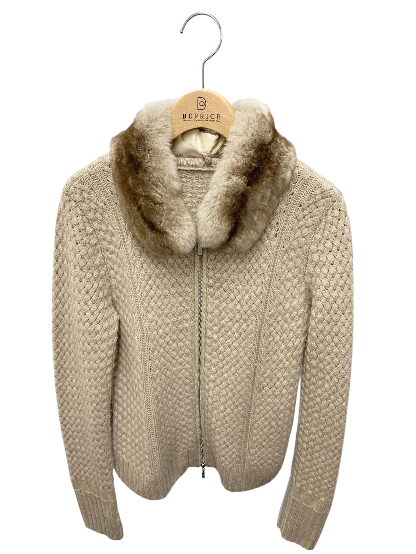 フォクシーブティック Knit Jacket Cashmere Zip 34527 カーディガン 38 ベージュ チンチラファー ITSO8AMMR1SX