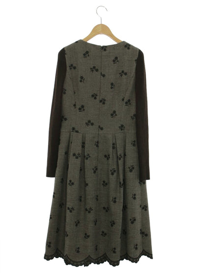 エムズグレイシー 111604 ワンピース 38 ブラウン 袖ニット 切替 フラワーモチーフ リボン ITQV4QAHG2A6