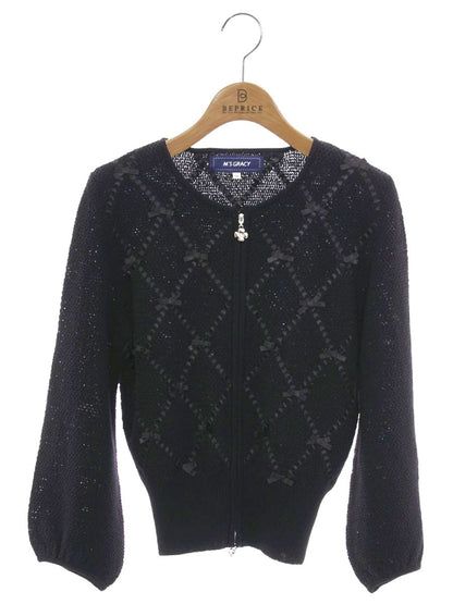 エムズグレイシー 818137 カーディガン 38 ブラック ジップアップ リボン ITS86AEXJOXG