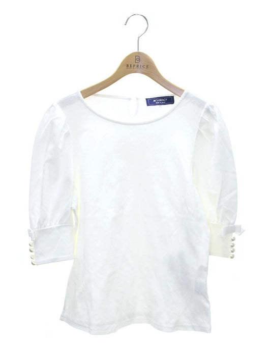 エムズグレイシー 315314 Tシャツ カットソ 40 ホワイト パールボタン リボン IT8Y53LKM580