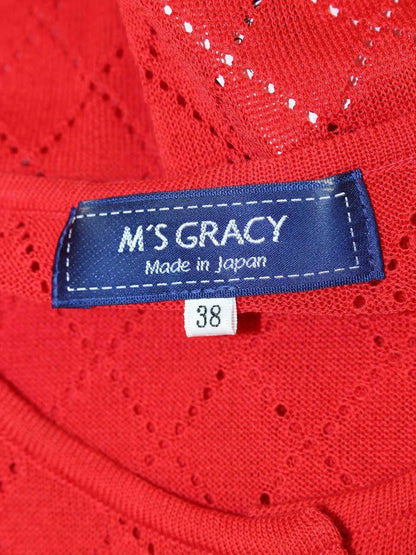 エムズグレイシー 018129 カーディガン 38 レッド パールボタン ストレッチ ITZH6MJ6KR34