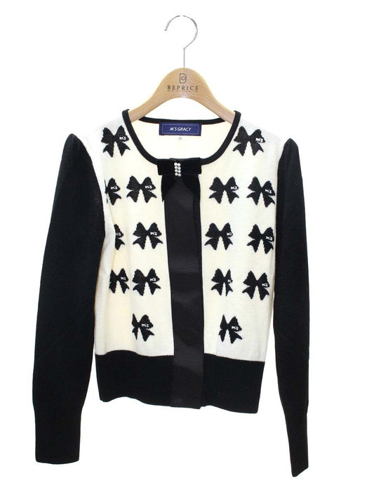 エムズグレイシー リボンモチーフニットカーディガン 118615 38 ブラック/ホワイト ITIET76L9ZDK