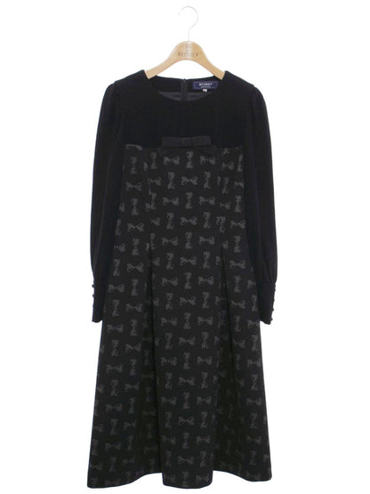 エムズグレイシー 311604 ワンピース 40 ブラック リボンモチーフ 切替 クルーネック ITD0IW5LAU89