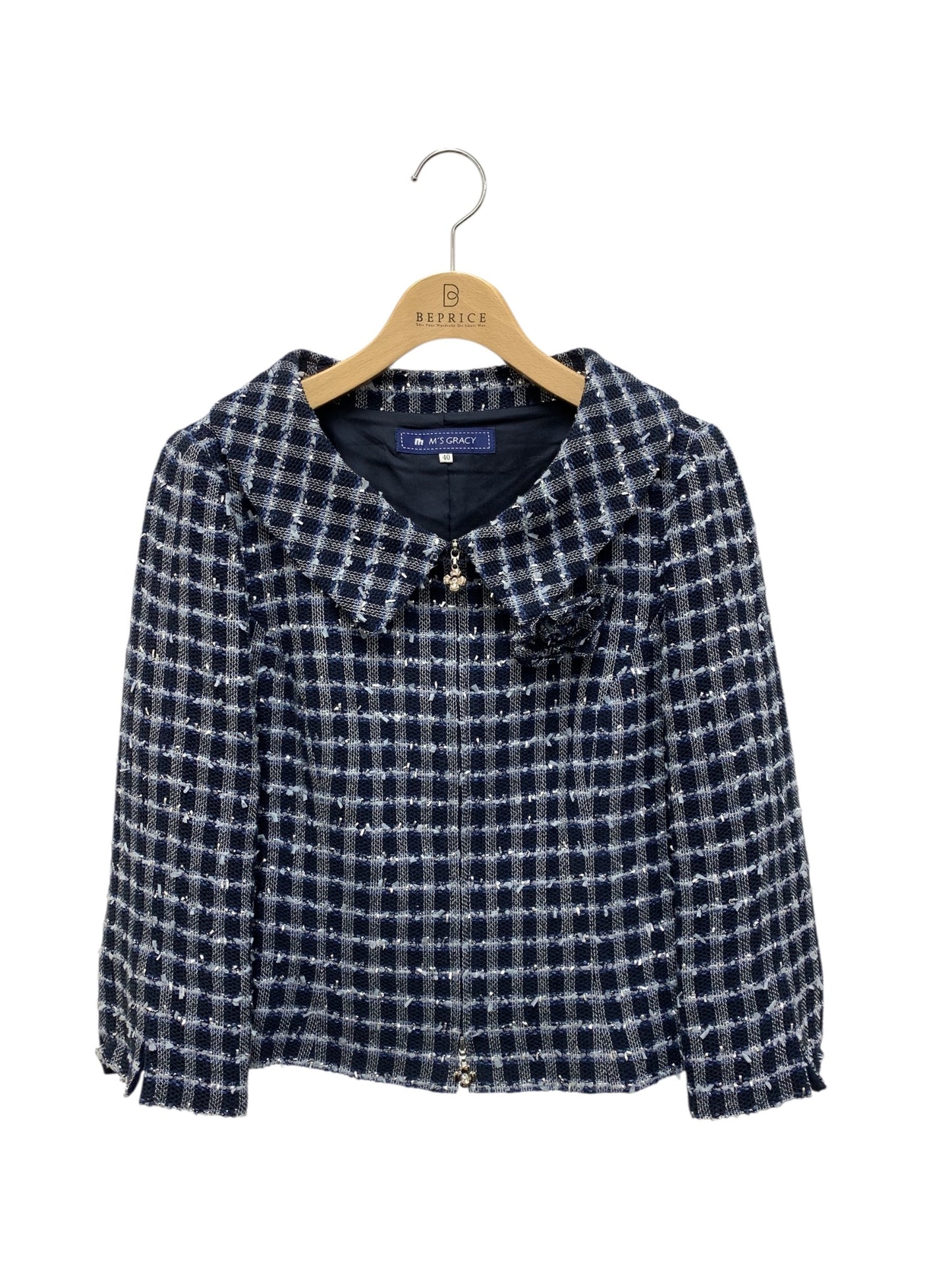 エムズグレイシー 624120 ジャケット 40 ネイビー ツィード 花ブローチ ITB4VPI3AACC 【SALE】