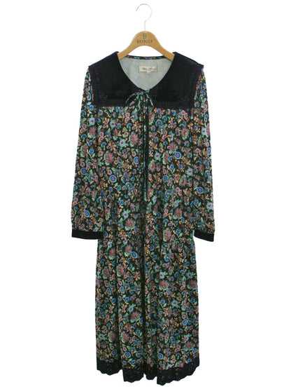 スーパービューティー ワンピース 42 ブラック/マルチカラー 襟 袖ベロア レース 花柄 ITDT4QFMVZ6W 【SALE】
