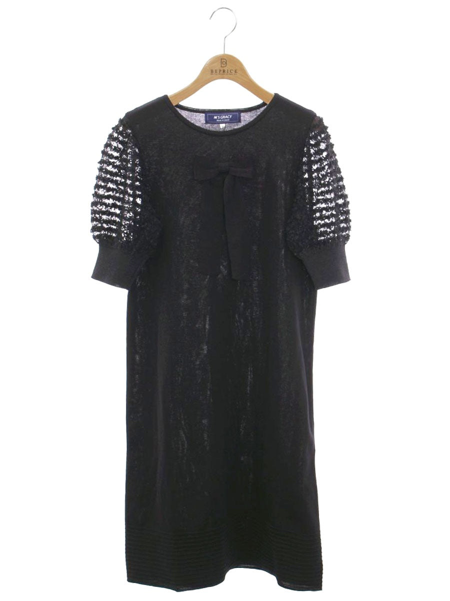 エムズグレイシー 018331 ワンピース 40 ブラック ニット リボン リブ袖 ITL3JTWHPTQG