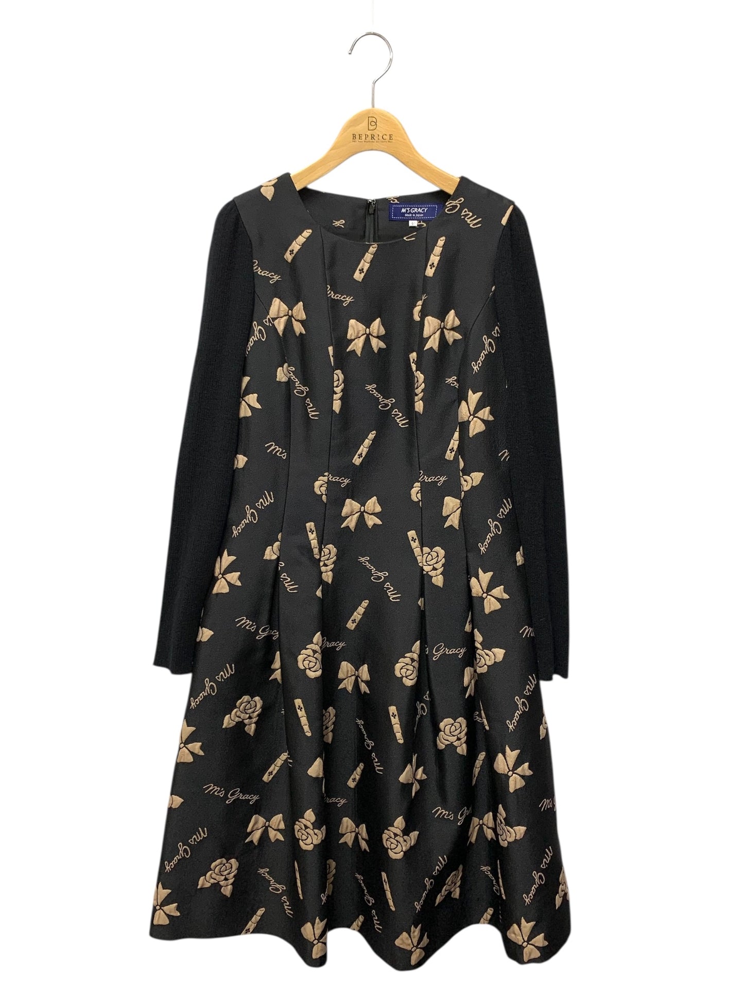 エムズグレイシー リボン・カメリア・リップジャガードドレス 111516 ワンピース 40 ブラック IT5MDWHWRS0A