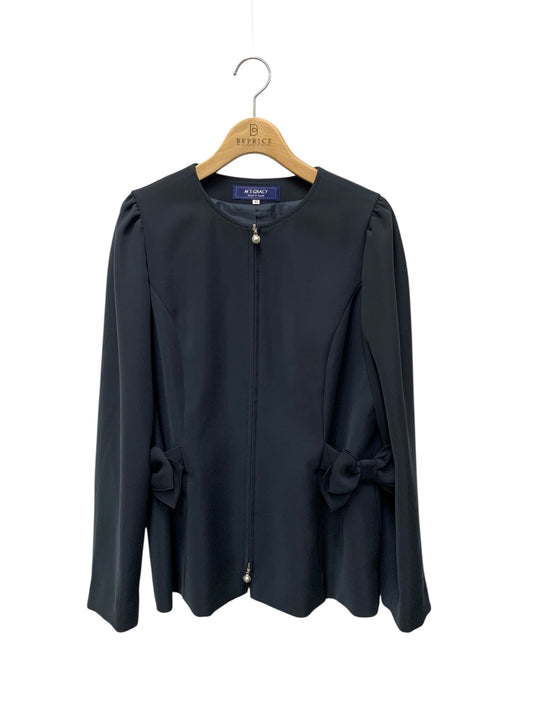 エムズグレイシー 514122 ジャケット 42 ネイビー ノーカラー リボン ジップアップ IT2UCRS0WJ6G