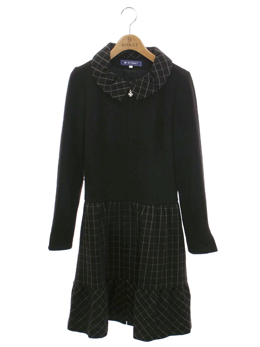 エムズグレイシー 521552 ワンピースコート 38 ブラック カメリアWジップ チェック 切替 IT6RZF19ZXC0
