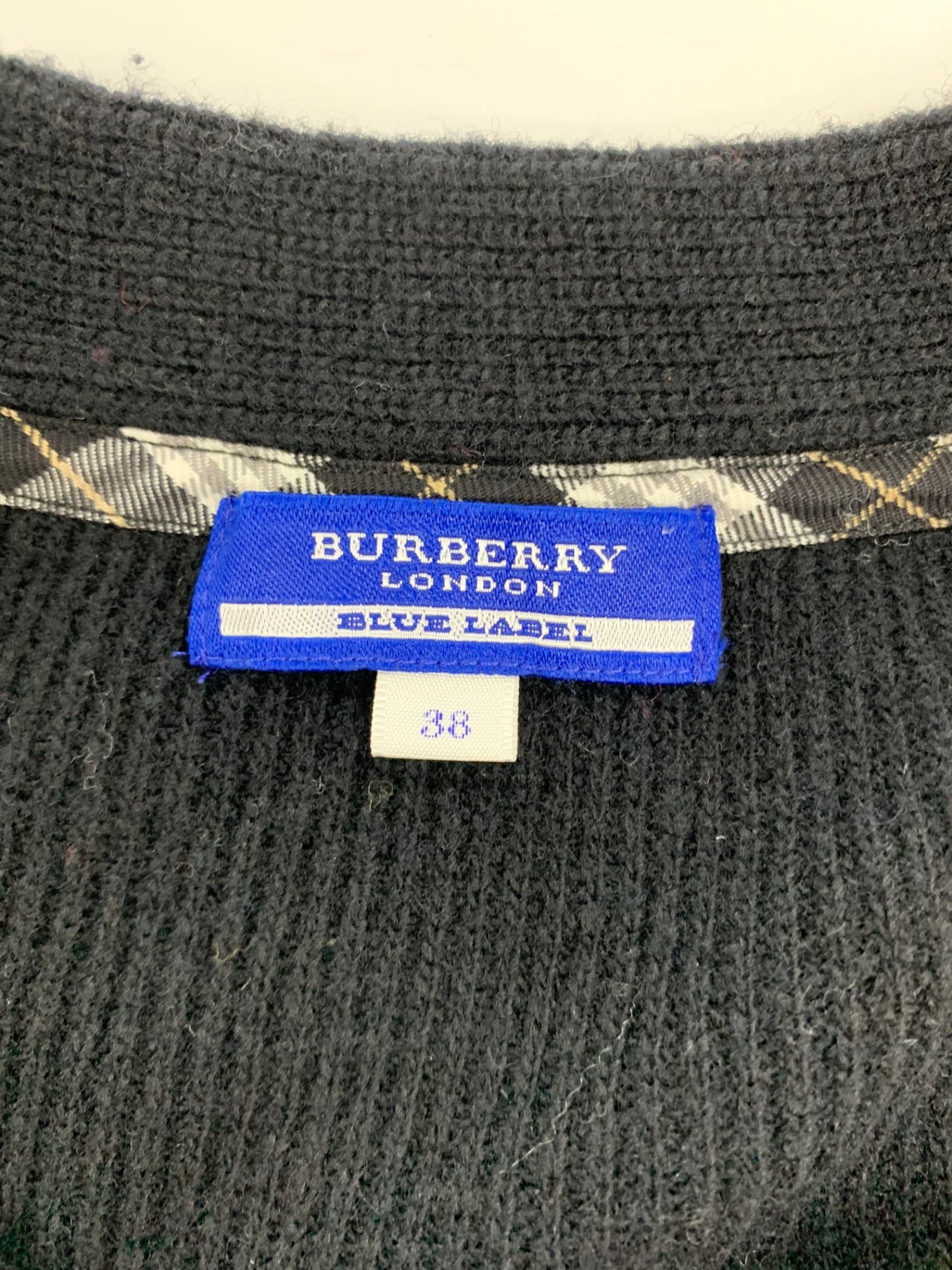 バーバリーブルーレーベル E1N35-422-09 カーディガン 38 ブラック ウール混 リボンブローチ付き ITX08HOWSUNQ