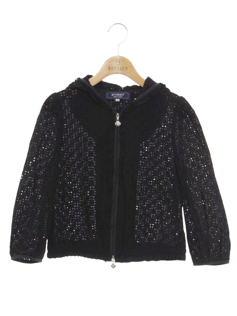 エムズグレイシー 314312 ジャケット 38 ブラック ダブルジップ フラワー刺繡 フード IT6F0V2BPCIA