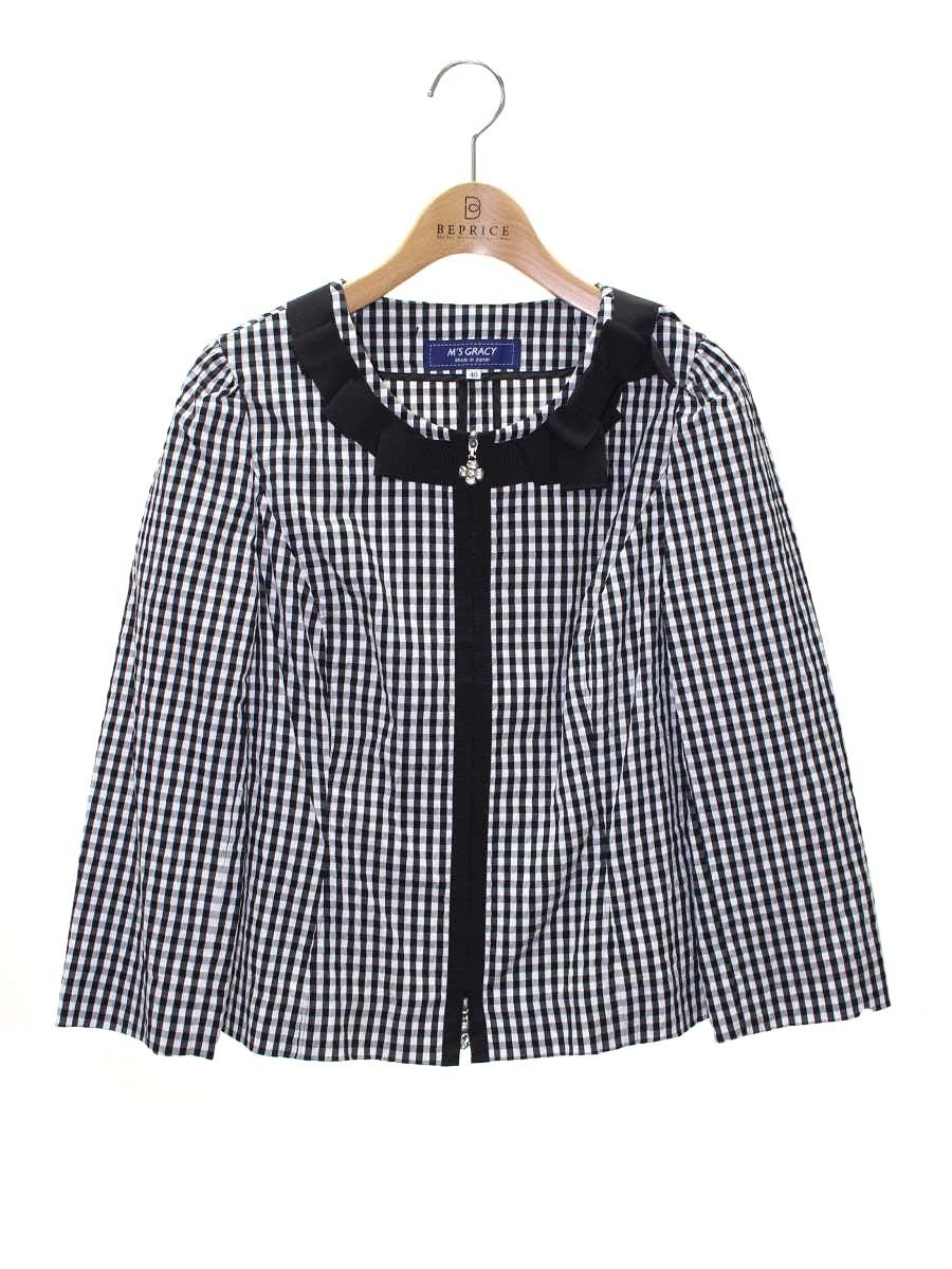 エムズグレイシー 814311 ジャケット 40 ブラック ギンガムチェック フラワージップ リボン IT7E1IXTOPIU