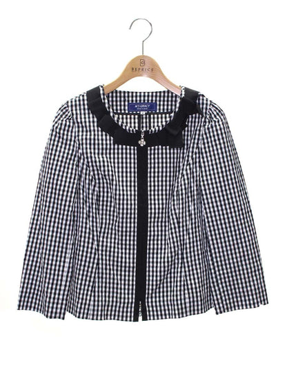 エムズグレイシー 814311 ジャケット 40 ブラック ギンガムチェック フラワージップ リボン IT7E1IXTOPIU