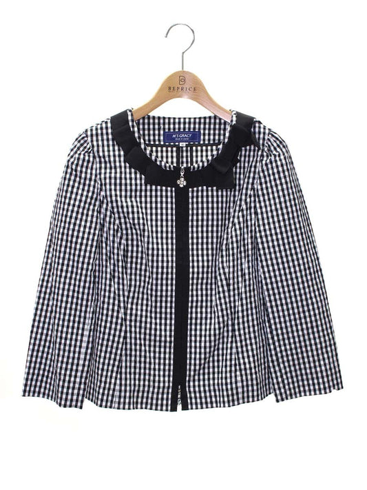 エムズグレイシー 814311 ジャケット 40 ブラック ギンガムチェック フラワージップ リボン IT7E1IXTOPIU