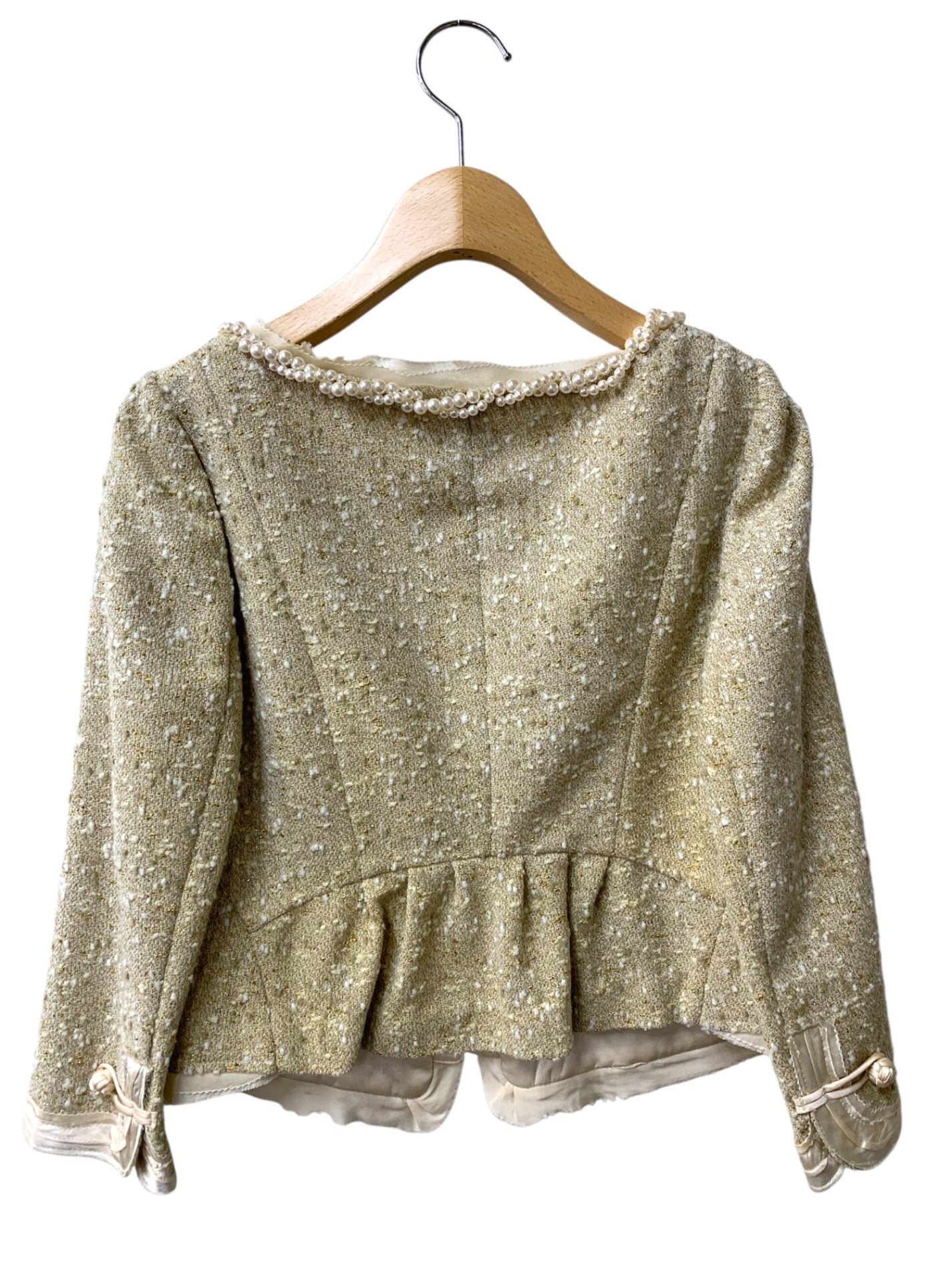 グレースコンチネンタル 04117901-3 ジャケット  36 ベージュ ノーカラー ツイード パール ラメ フリル ITLTUYD0X2BG 【SALE】