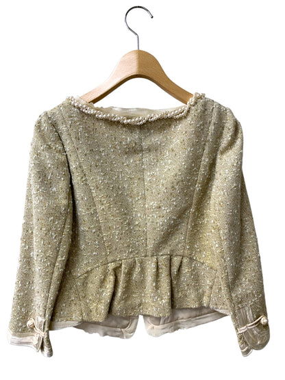 グレースコンチネンタル 04117901-3 ジャケット  36 ベージュ ノーカラー ツイード パール ラメ フリル ITLTUYD0X2BG 【SALE】