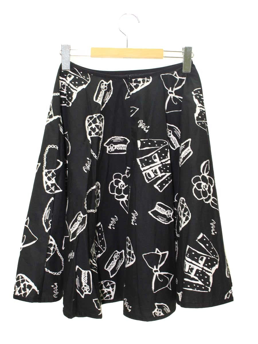 エムズグレイシー 527352 スカート 38 ブラック カメリア バッグ リボン プリントモチーフ ITDIRH2PJDY8