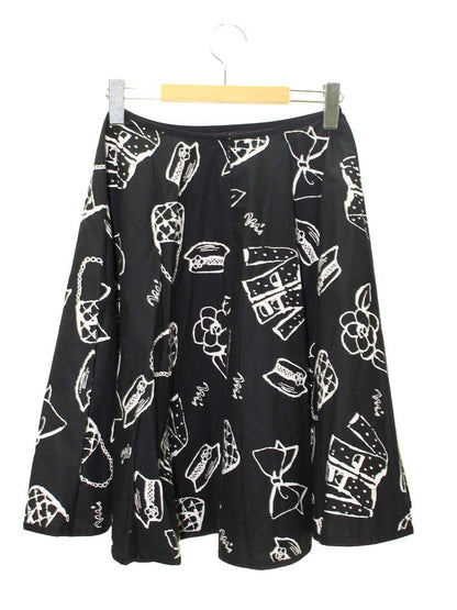 エムズグレイシー 527352 スカート 38 ブラック カメリア バッグ リボン プリントモチーフ ITDIRH2PJDY8