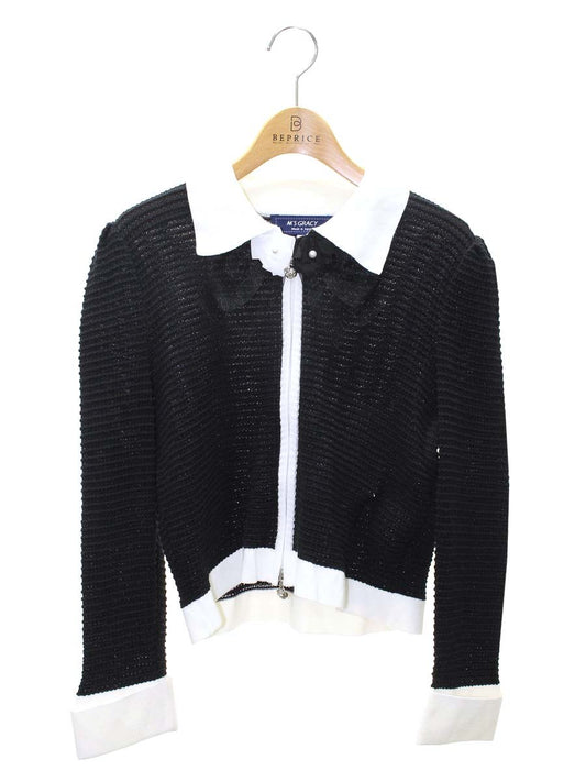 エムズグレイシー 418124 カーディガン 38 ブラック ニット ジップアップ リボン フラワー バイカラー ITR8GW5NNJ2W