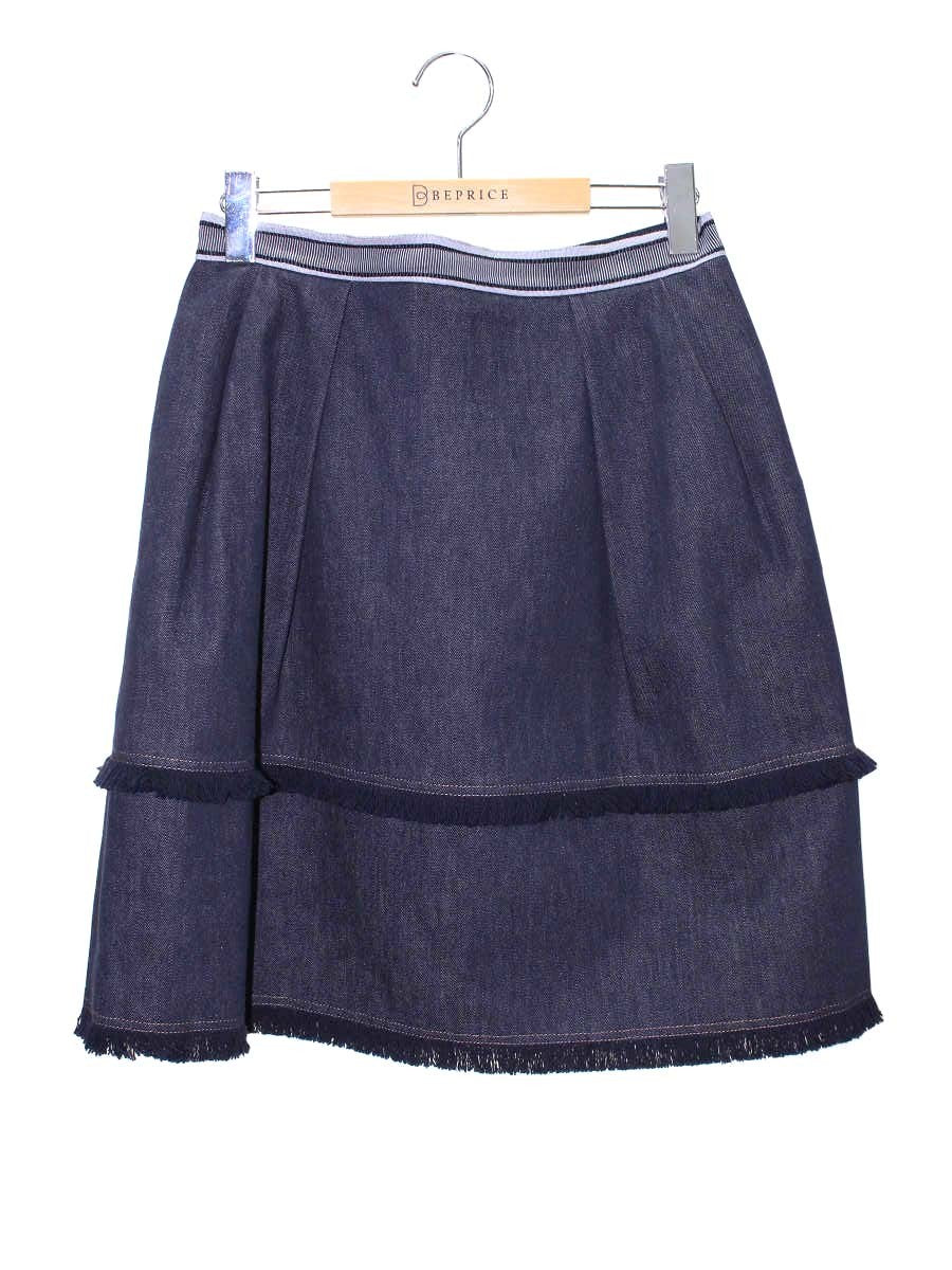 フォクシーブティック Skirt 40915 デニムスカート 40 ネイビー フリンジ タックフレア ITJDF5LZJPBD