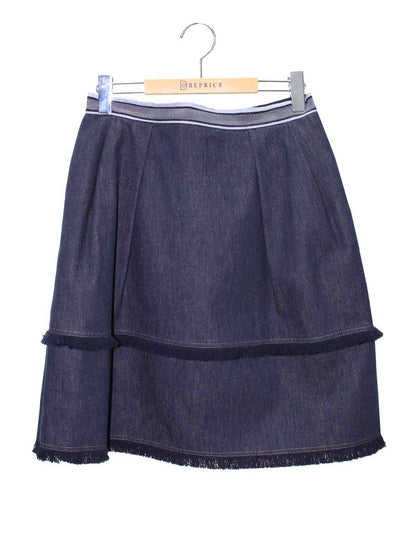 フォクシーブティック Skirt 40915 デニムスカート 40 ネイビー フリンジ タックフレア ITJDF5LZJPBD