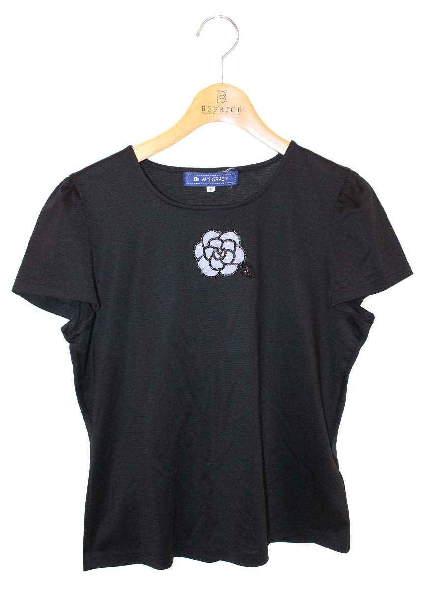 エムズグレイシー 725105 Tシャツ 40 ブラック カメリア スパンコール ITBPP0XQKS5W