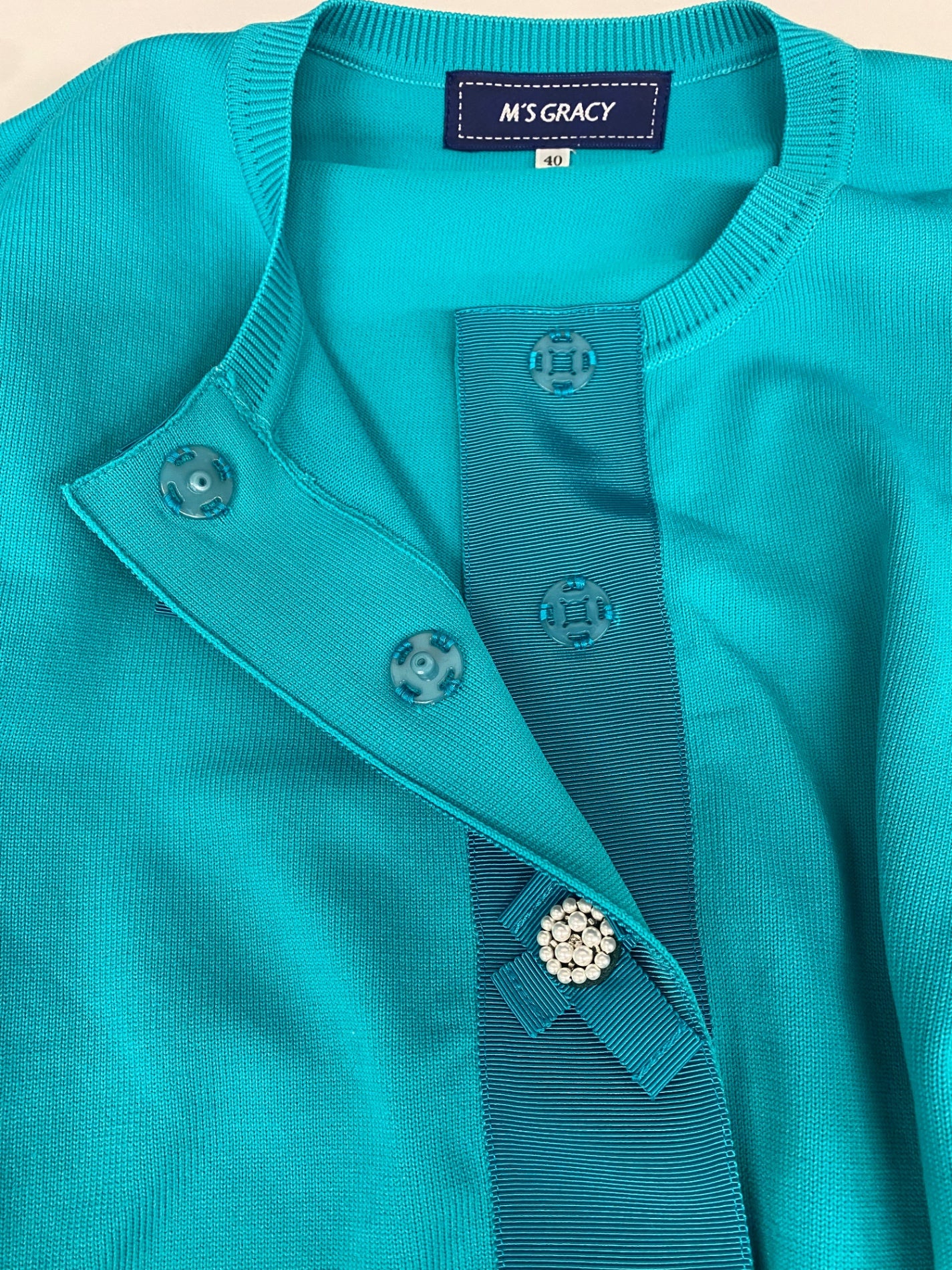 エムズグレイシー Turquoise Blue Cardigan 018110 カーディガン 40 グリーン パールボタン ITRU4NC81O2G