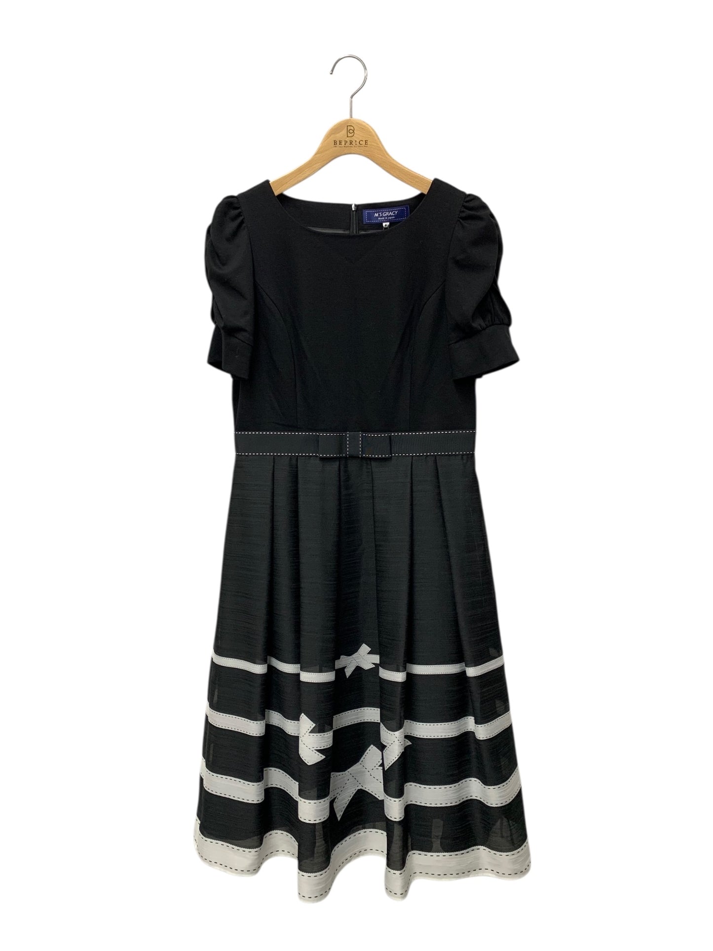 エムズグレイシー ボーダーリボンプリントワンピース 511330 ワンピース 40 ブラック リボン ステッチ ITXS2SP6B3J8