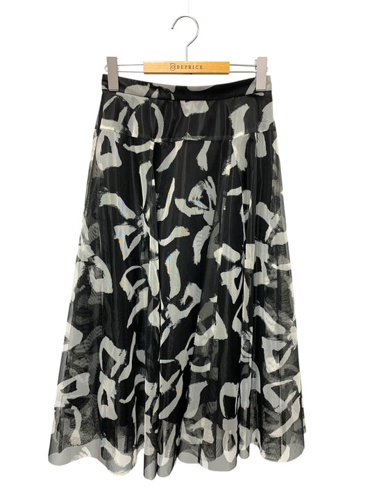 エムズグレイシー リボンプリントチュール 517110 スカート 38 ブラック IT55BXGQPACW