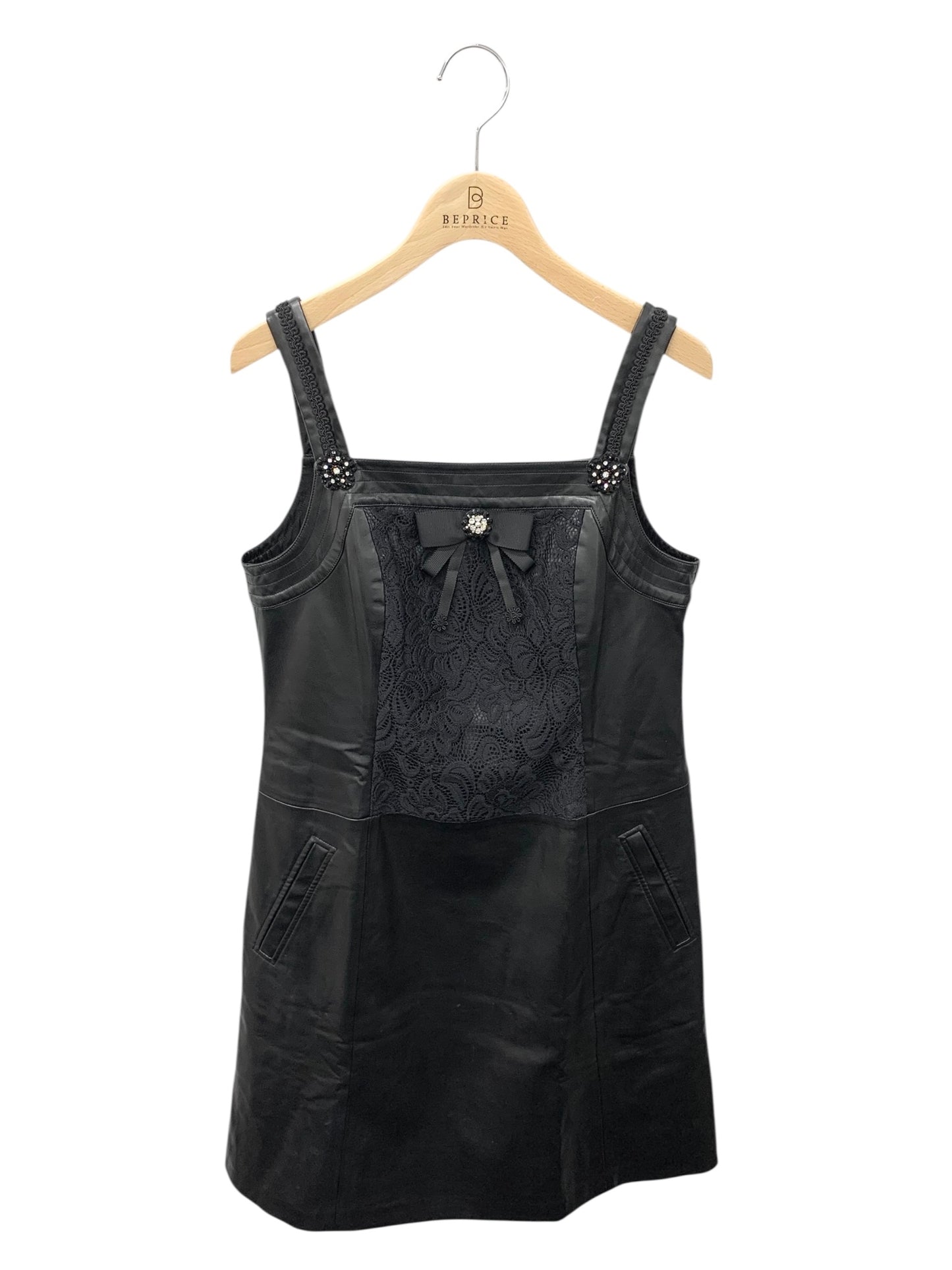 スーパービューティー ワンピース 38 ブラック フェイクレザー リボン レース IT6NETUNT2SY