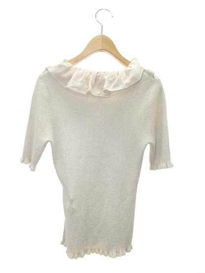 スーパービューティー トップス 40 ベージュ 半袖ニット フェイクパール フラワーフリル IT0V8SCSKJQC 【SALE】