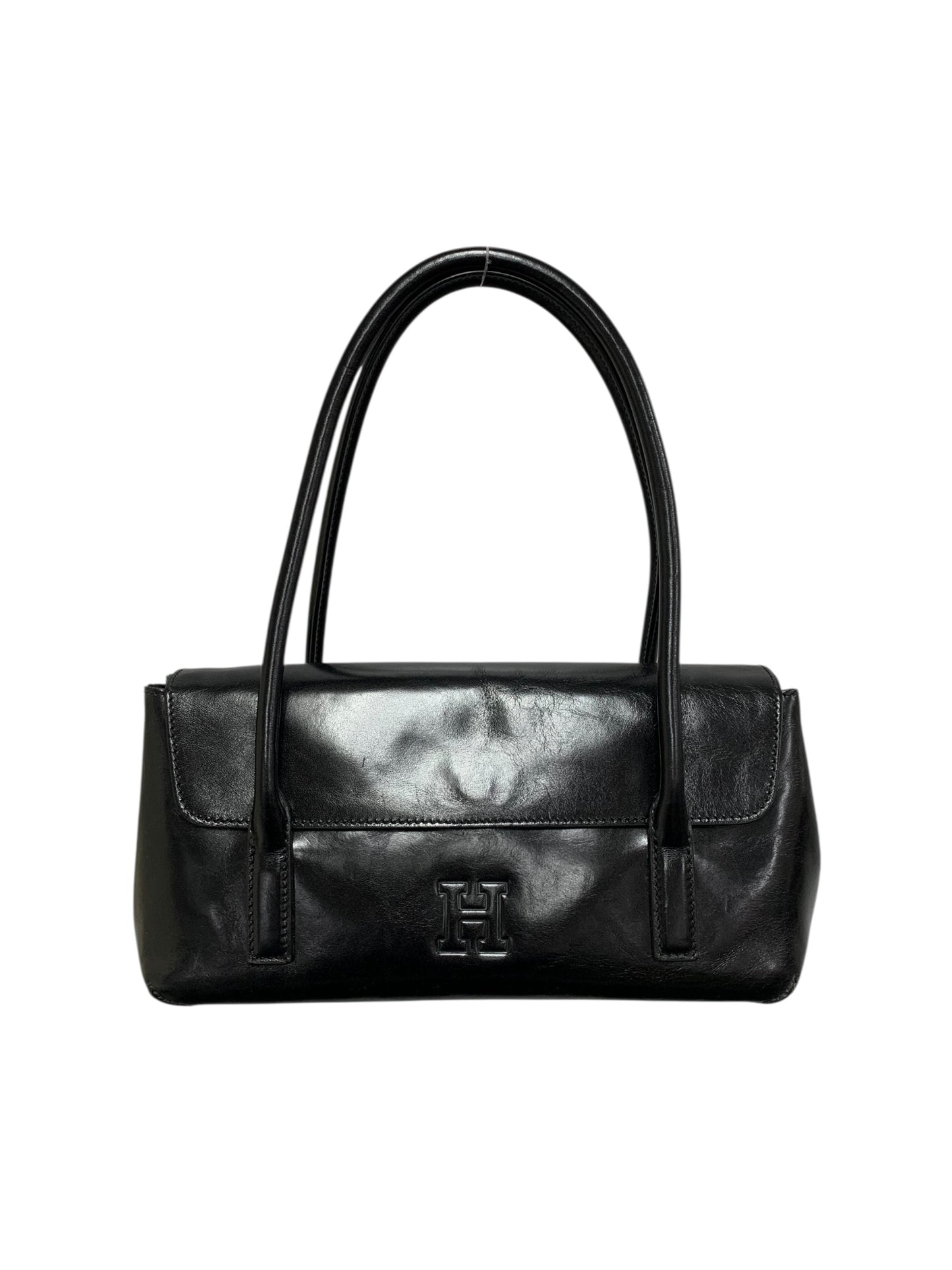 ヒロフ ブラック レザー フラップ ハンドバッグ IT98W0O6NW1X