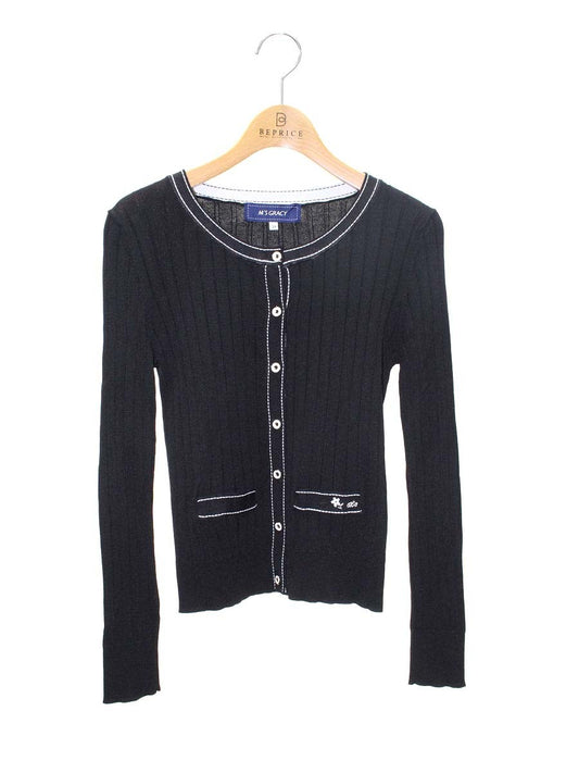 エムズグレイシー 018313 カーディガン 38 ブラック ステッチ リブ IT321YZD1MXQ