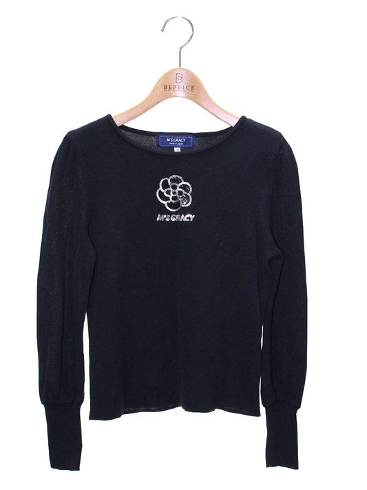 エムズグレイシー 018505 ニット 38 ブラック フラワーモチーフ スパンコール ITRM4BCWPFSO