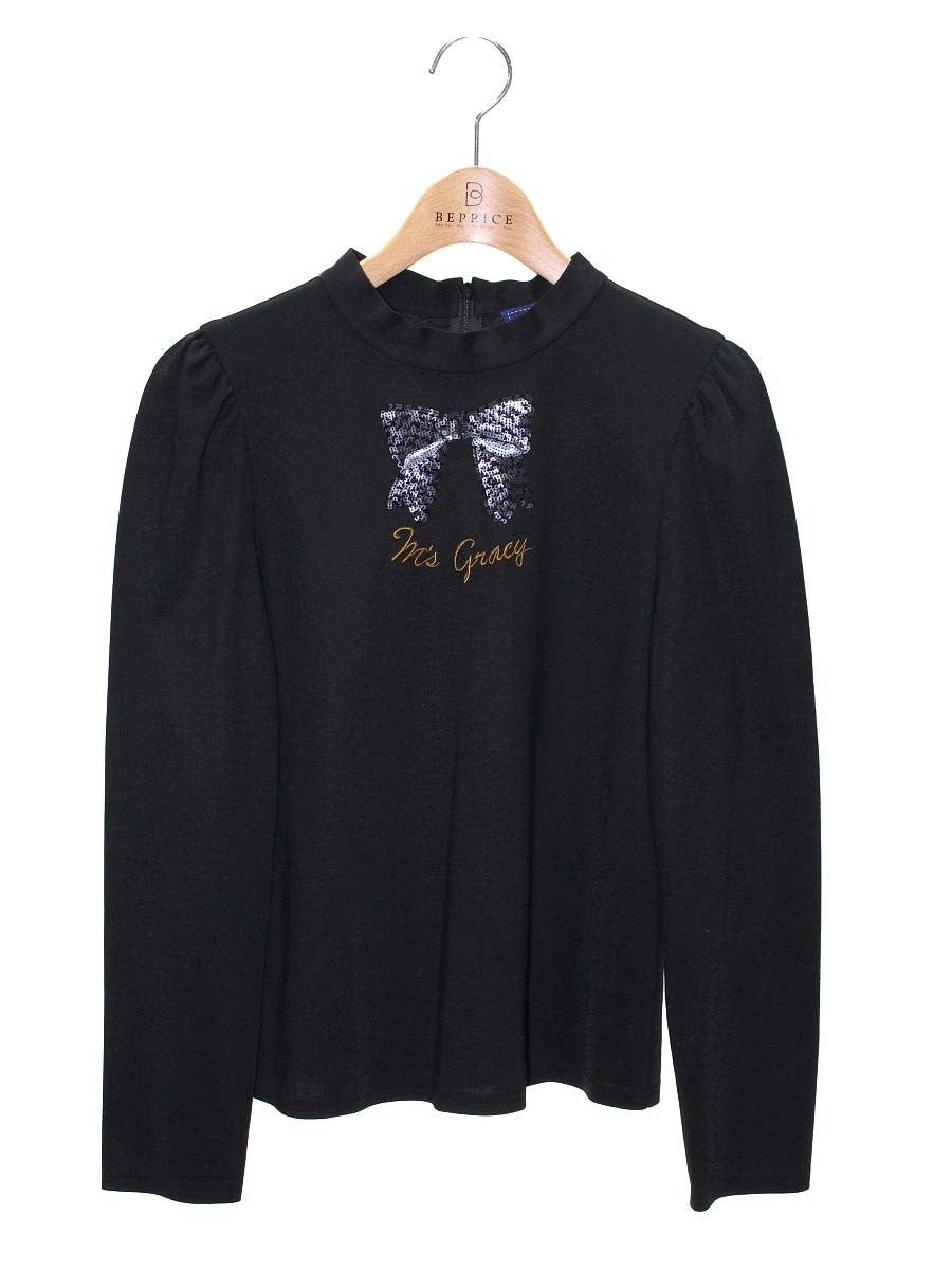 エムズグレイシー Spangle Cut sew 915102 Tシャツ カットソー 38 ブラック スパンコール リボン ロゴ 刺繍 IT3RHG2J1NL8