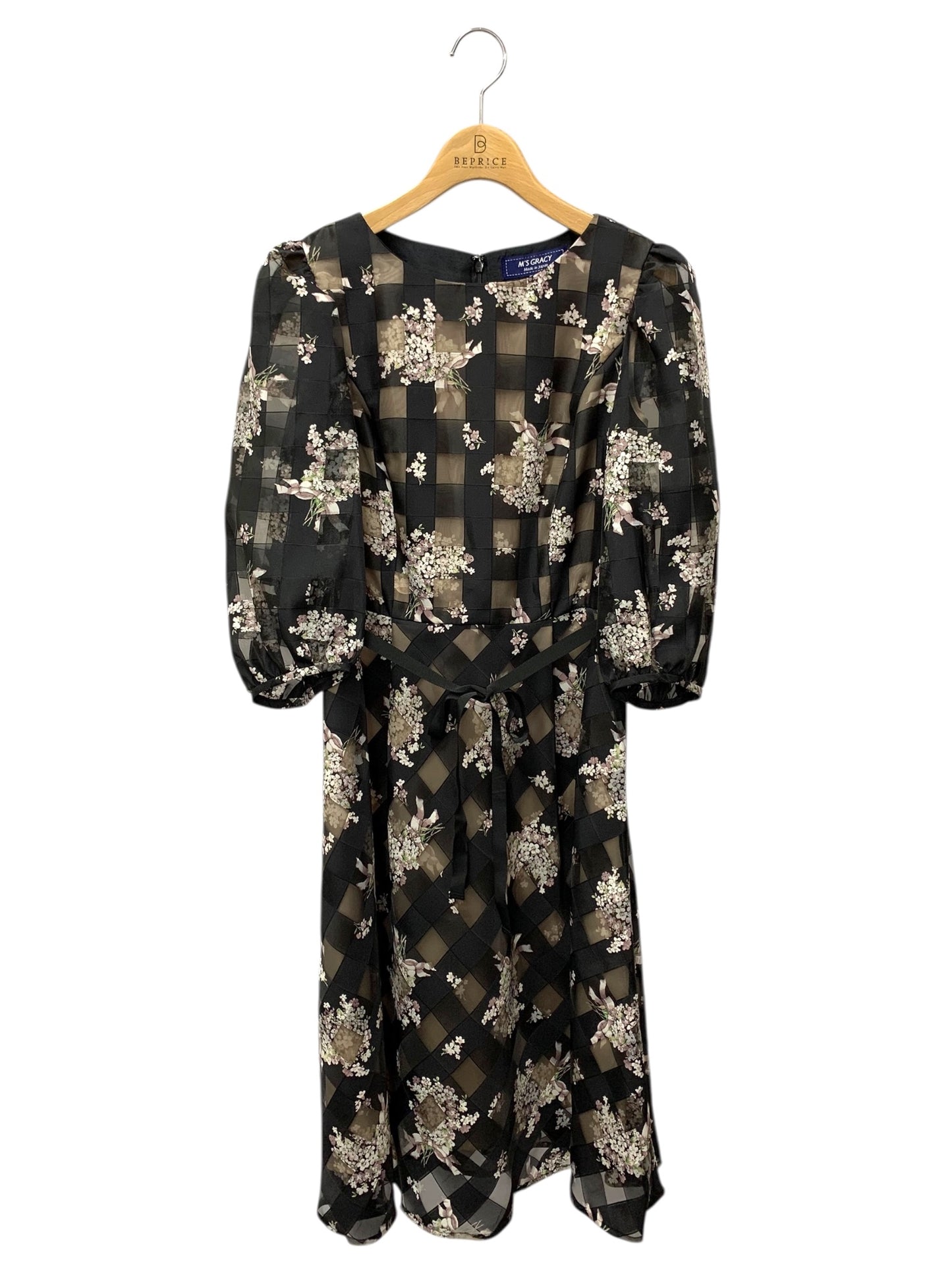 エムズグレイシー 311121 ワンピース 40 ブラック リボン オーガンジー ITF7MCQLWJL5