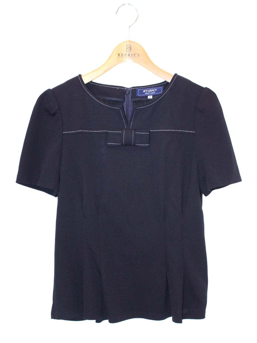 エムズグレイシー 015313 Tシャツ カットソー 40 ネイビー ステッチ リボン IT8QFXHEE4DW