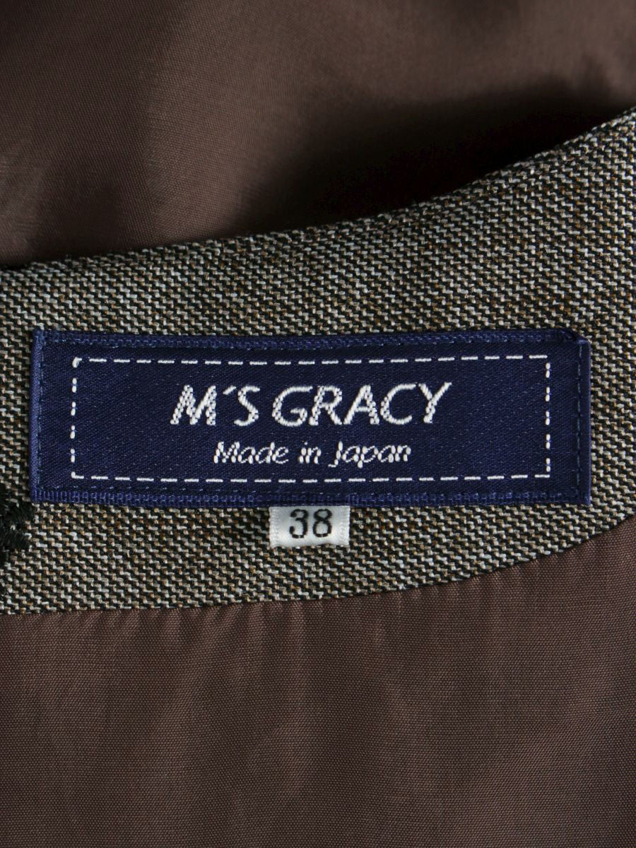 エムズグレイシー 111604 ワンピース 38 ブラウン 袖ニット 切替 フラワーモチーフ リボン ITQV4QAHG2A6