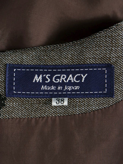 エムズグレイシー 111604 ワンピース 38 ブラウン 袖ニット 切替 フラワーモチーフ リボン ITQV4QAHG2A6