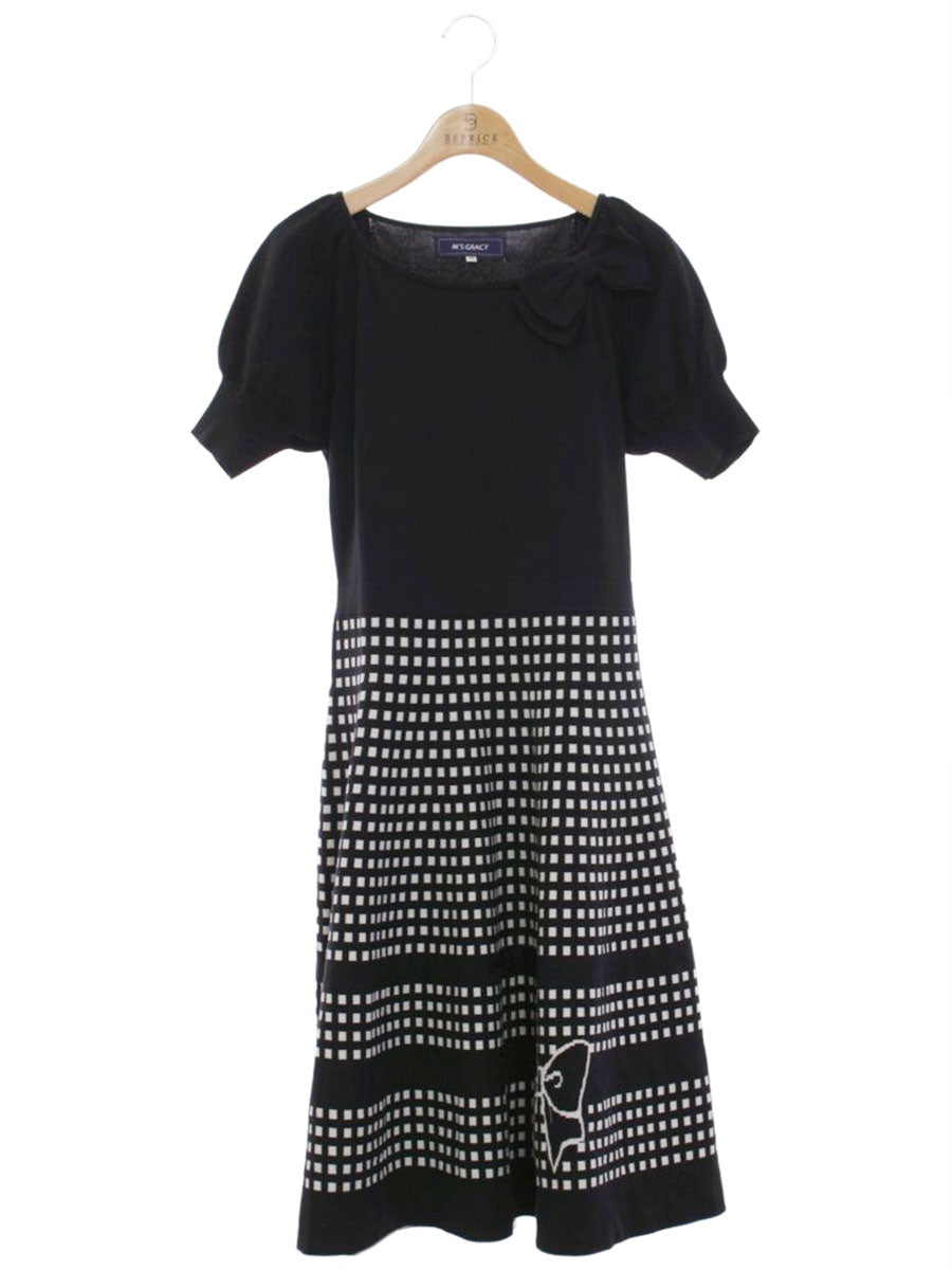 エムズグレイシー 018338 ワンピース 38 ブラック/ホワイト フィット＆フレアニット リボン ITB8XD85PY6O
