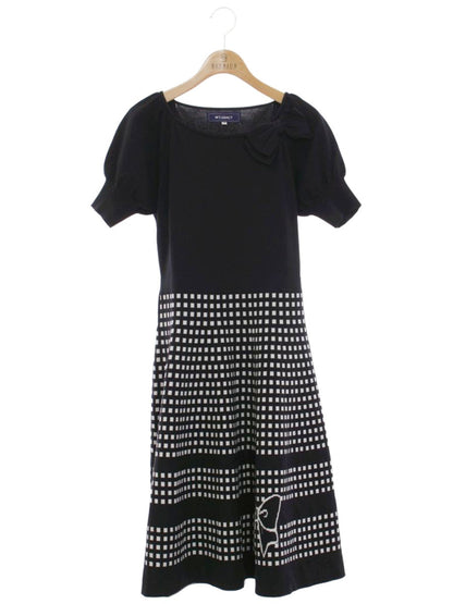 エムズグレイシー 018338 ワンピース 38 ブラック/ホワイト フィット＆フレアニット リボン ITB8XD85PY6O