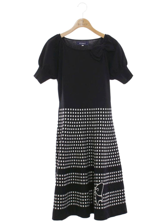 エムズグレイシー 018338 ワンピース 38 ブラック/ホワイト フィット＆フレアニット リボン ITB8XD85PY6O