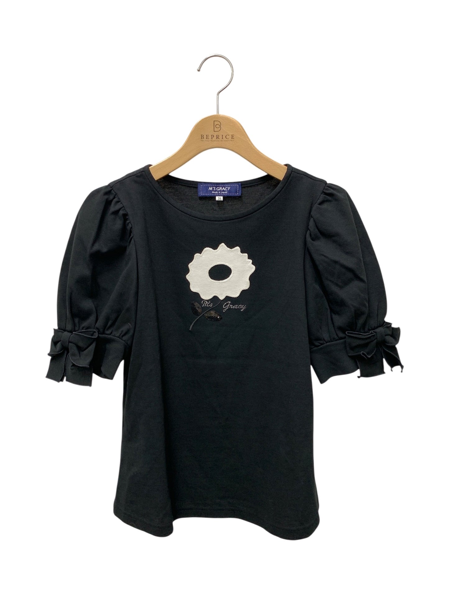 エムズグレイシー 515335 Tシャツ 38 ブラック フラワーモチーフ スパンコール IT96GQKBXSQY