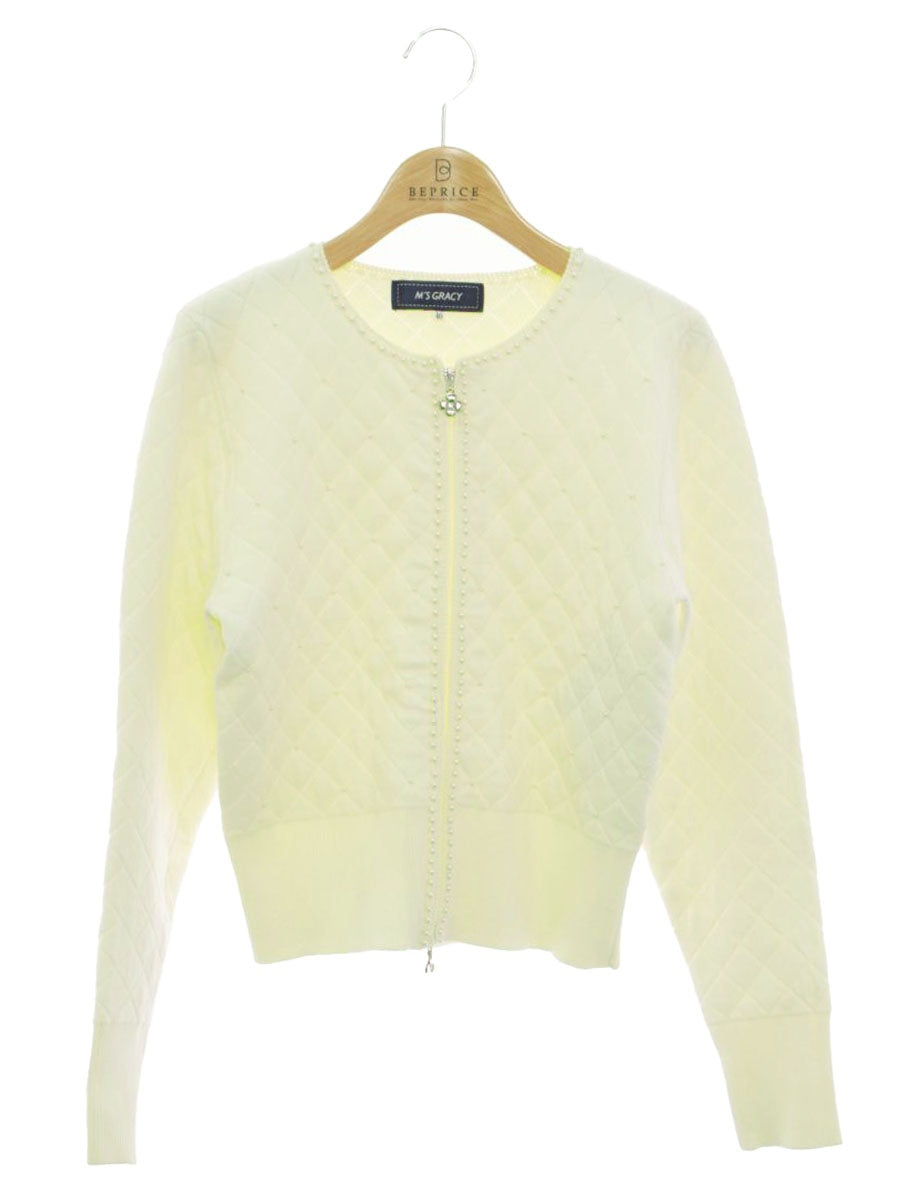 エムズグレイシー 728554 ノーカラージャケット 40 ホワイト パール キルティング ジップ ITKPGF29LX5C