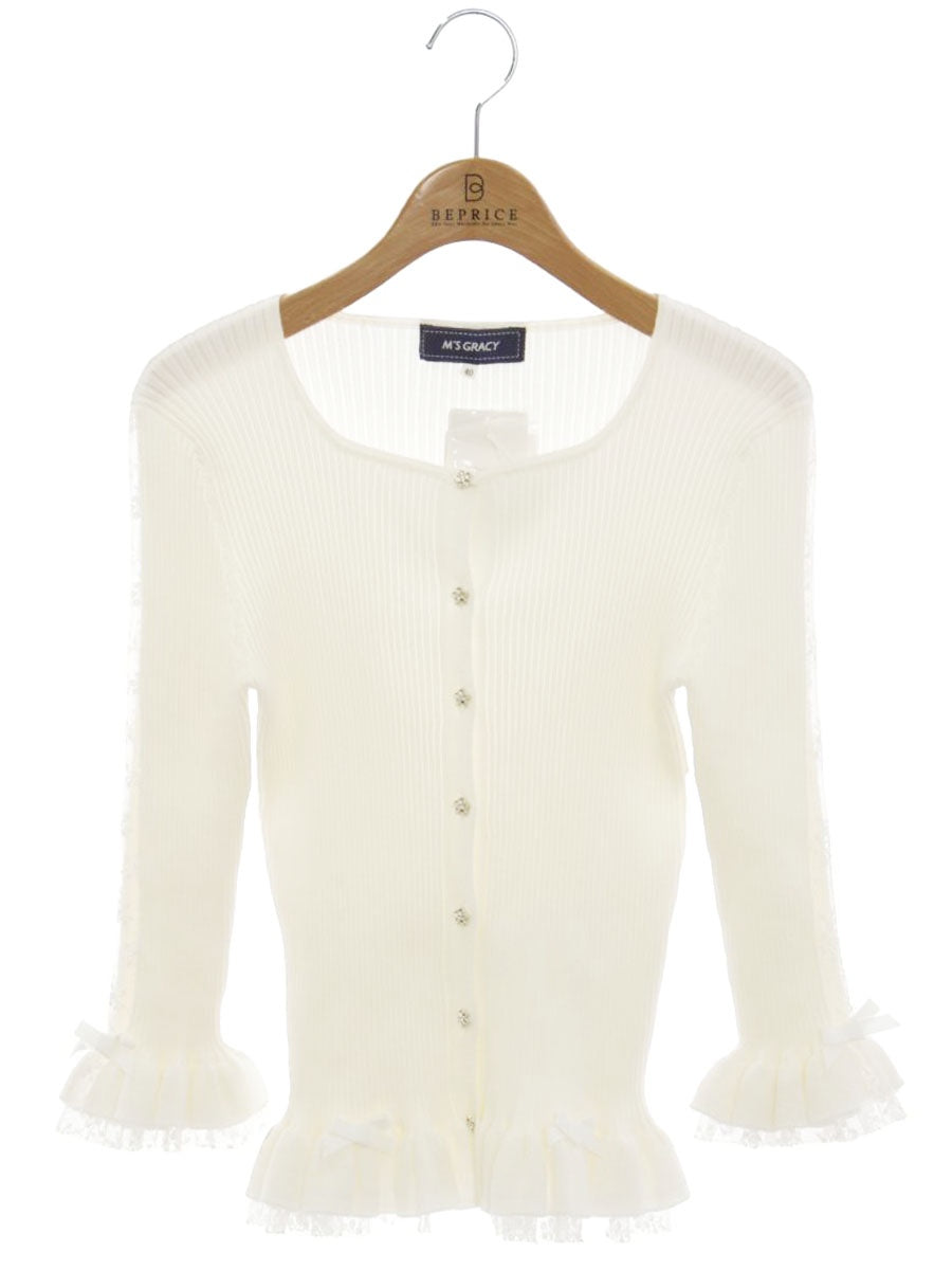 エムズグレイシー 818329 カーディガン 40 ホワイト フリル レース リボン フラワーボタン ITZMR63KGTEH