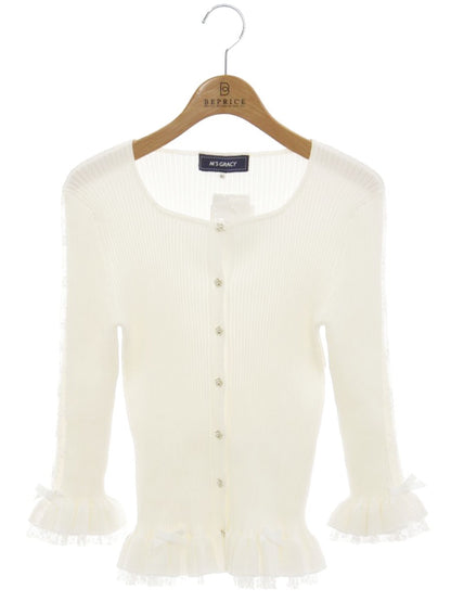 エムズグレイシー 818329 カーディガン 40 ホワイト フリル レース リボン フラワーボタン ITZMR63KGTEH