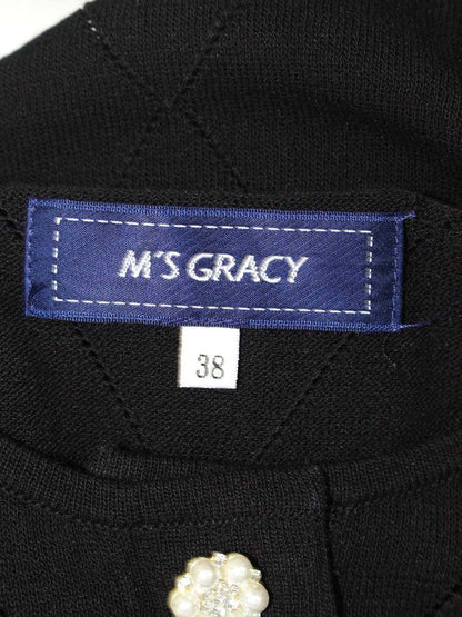 エムズグレイシー 318104 カーディガン 38 ブラック パール フラワーボタン 刺繍 フェイクパール IT9E5VMNRDM4