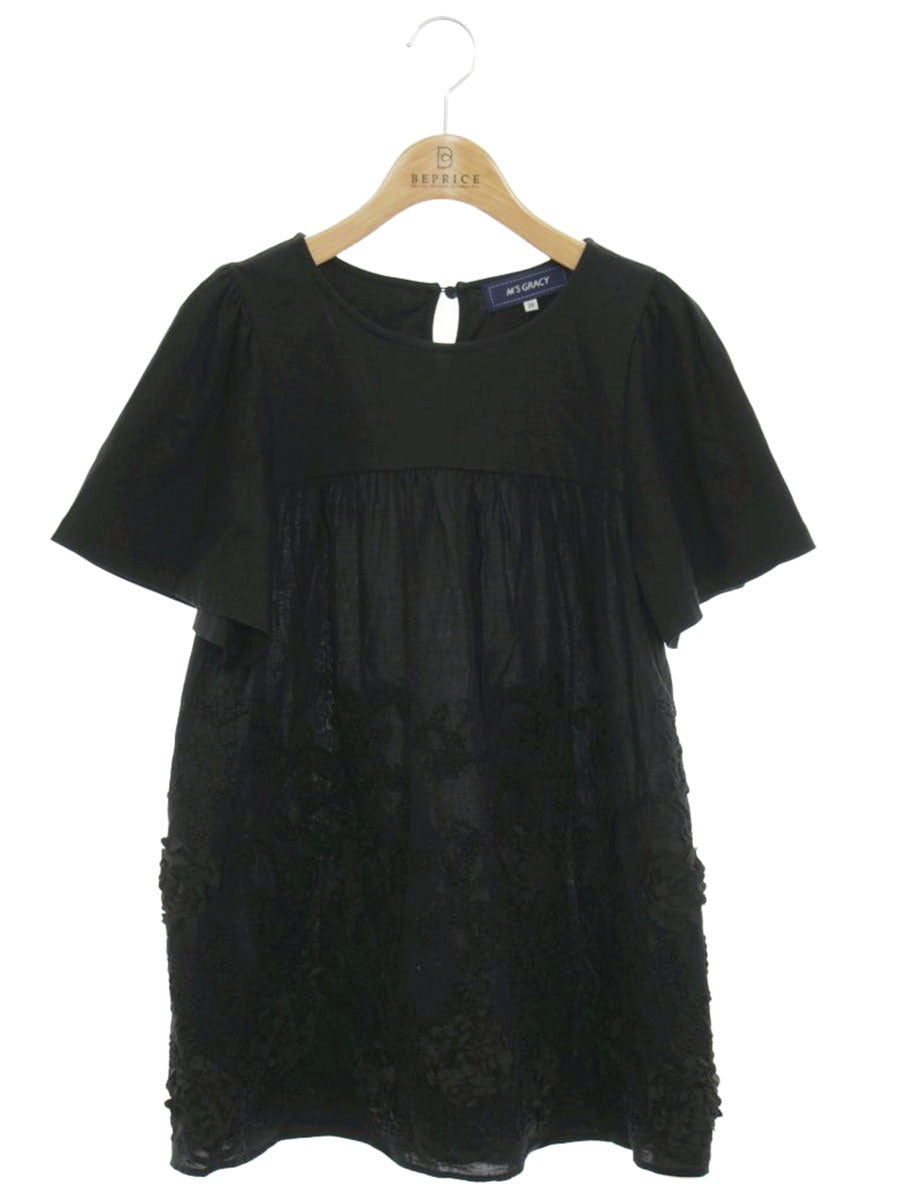 エムズグレイシー 刺繍入りチュニックカットソー 415333 トップス 38 ブラック フラワーモチーフ ITMQJDQVLDRW